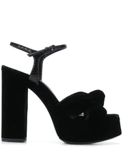 Black Velour High Heel Platform Sandals With a Bow knot With Leather Ankle Strap