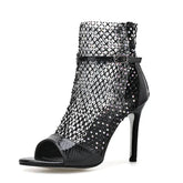 Glitter Rhinestone Peep-Toe Heels �Mesh Ankle Strap Pumps