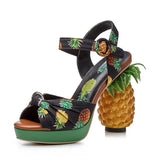 Pineapple High Heels Buckle Strap Printed Peep-Toe Platform Shoes