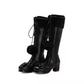Fur Lace Up Bowtie Chunky Heel High Boots