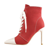 Canvas Lace-up Pointed Toe Ankle Boots