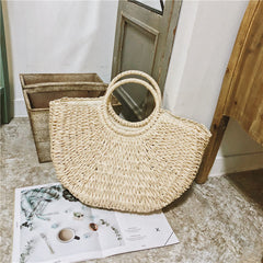 Circle Handle Straw Beach Bag