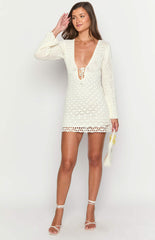 Helio White Crochet Long Sleeve Mini Dress