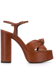 Brown Leather High Heel Platform Sandals With a Bow knot