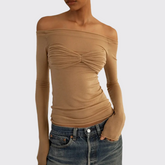 Beige Long Sleeve See Through Knit Off The Shoulder Top