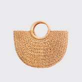 Tan Circle Handle Straw Beach Bag