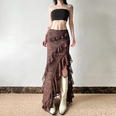 High Waist Slim Fit Lace Ruffled Elegant Skirt