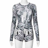 Long sleeve abstract mesh see through pant set