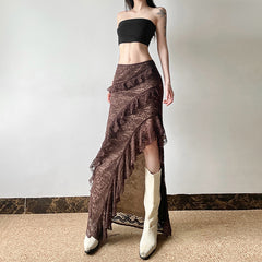 High Waist Slim Fit Lace Ruffled Elegant Skirt