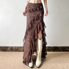 High Waist Slim Fit Lace Ruffled Elegant Skirt