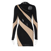 Long sleeve mesh contrast patchwork hollow out cut out mini dress