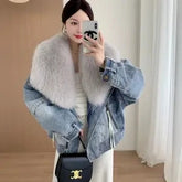 Denim Blue Fur Collar Cotton-Padded Jacket