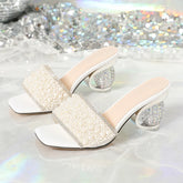 White Pearl Transparent Thick Bottom Heeled Shoes