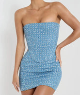 Sequins Strapless Short Skirt Denim Pants and Corset Set
