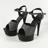 Sequin Cloth Open Toe Stiletto Buckle Strap Pole Dancing Shoes