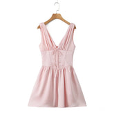 Stain Pleated Ruched Strap Bow Folds Hem Mini Dress