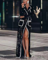 Black Sequins V-Neck Double-Breasted Full Sleeved Long Jacket