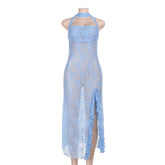 Sheer Lace Sash Halter Neck Ruffle Hem Dress