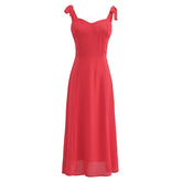 Solid Red Tie Bow Strap Midi Dress