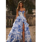 Floral Print Tiered Ruffle Prom Dress Side High Split