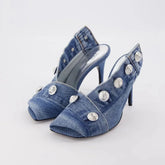 Denim Slim High Heel Button Sandals