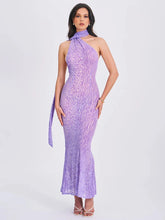 Purple Sheer Halter Draped Open Back Long Dress