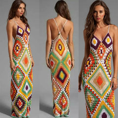 Women Handmade Crochet Knitted Multi Color Long Dress