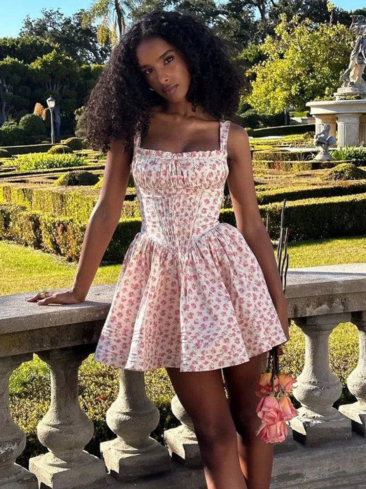 Flower Printed Open Back A-line Corset Mini Dress – Vivuki Flower Printed Open Back A-line Corset Mini Dress – Vivuki