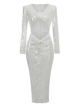 Sequins White Hollow Flower Design Long Dress