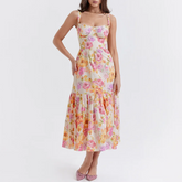 Cream White Floral Layered Midi A-Line Dress