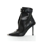 Belt Buckle Front Zipper Pointed Ankle Boots