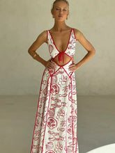 Printed V-neck Tie Up Cut Out Maxi Dress