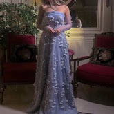 3D Flowers Strapless Evening Dress with Long Sleeves