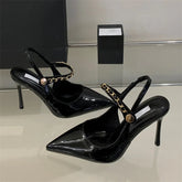 Rivet Pointed Toe Pumps Buckle Strap Thin Heels Shoes