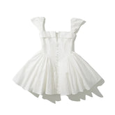 White Slit V Collar Short Sleeve Corset Style Mini Dress