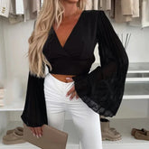 Solid Color Hollow-out Chiffon Bat Sleeve Blouse
