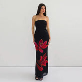 Black Tube Flower Print Back Tie Up Maxi Dress