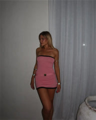 Two-Tone Strapless Ribbed Belt Mini Dress