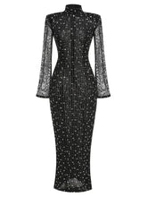 Turtleneck Long Sleeve Mesh Crystal Diamond Black Dress