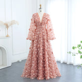 Blush Pink 3D Floral Evening Dress with Bell Sleeves