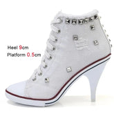 White Canvas Boots | Thin Heels | Cross Strap Booties