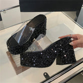 Sequin Platform Heels Open Toe Slides