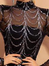 Long Sleeve Sequins Stand Collar Dresses