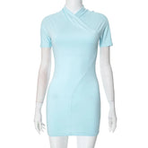 Solid Color Cross Patchwork Short Sleeve Mini Dress