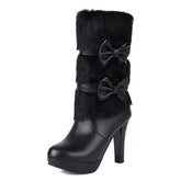 Bowtie Fur Tassel Zip High Heel Boots