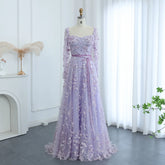 3D Floral A-Line Evening Gown Long Sleeves