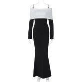 Black & White Off-the-Shoulder Maxi Dress with Long Sleeves