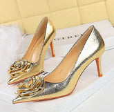 Flowers Pumps Pointed Toe Thin Low Heels