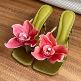 Satin Flower Open Toe Thin Heeled Sandals
