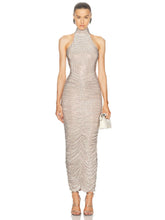 Halter Rhinestone Ruched Midi Dress